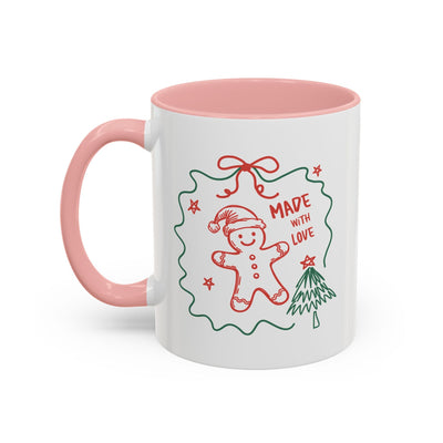 Festive Christmas coffee mug with gingerbread man and tree design, pink handle and interior, ceramic holiday cup 11oz and 15oz sizes