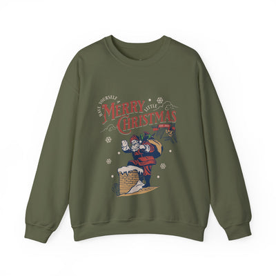 Vintage Santa crewneck sweatshirt in olive green with Santa carrying gift bag into chimney and Merry Christmas text