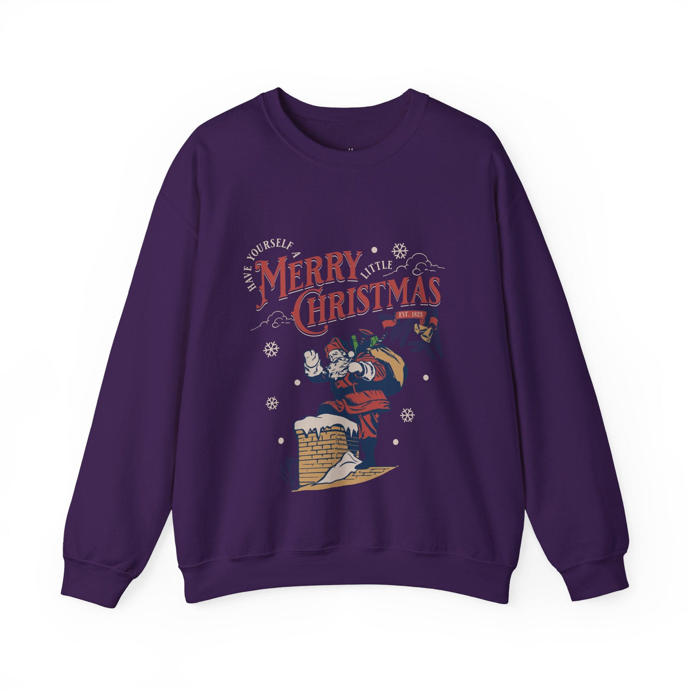 Vintage Santa Crewneck sweatshirt with Santa carrying gift bag climbing into chimney and Merry Christmas text on purple holiday sweatshirt