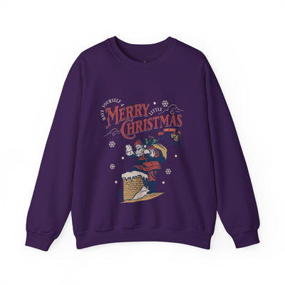 Vintage Santa Crewneck sweatshirt with Santa carrying gift bag climbing into chimney and Merry Christmas text on purple holiday sweatshirt