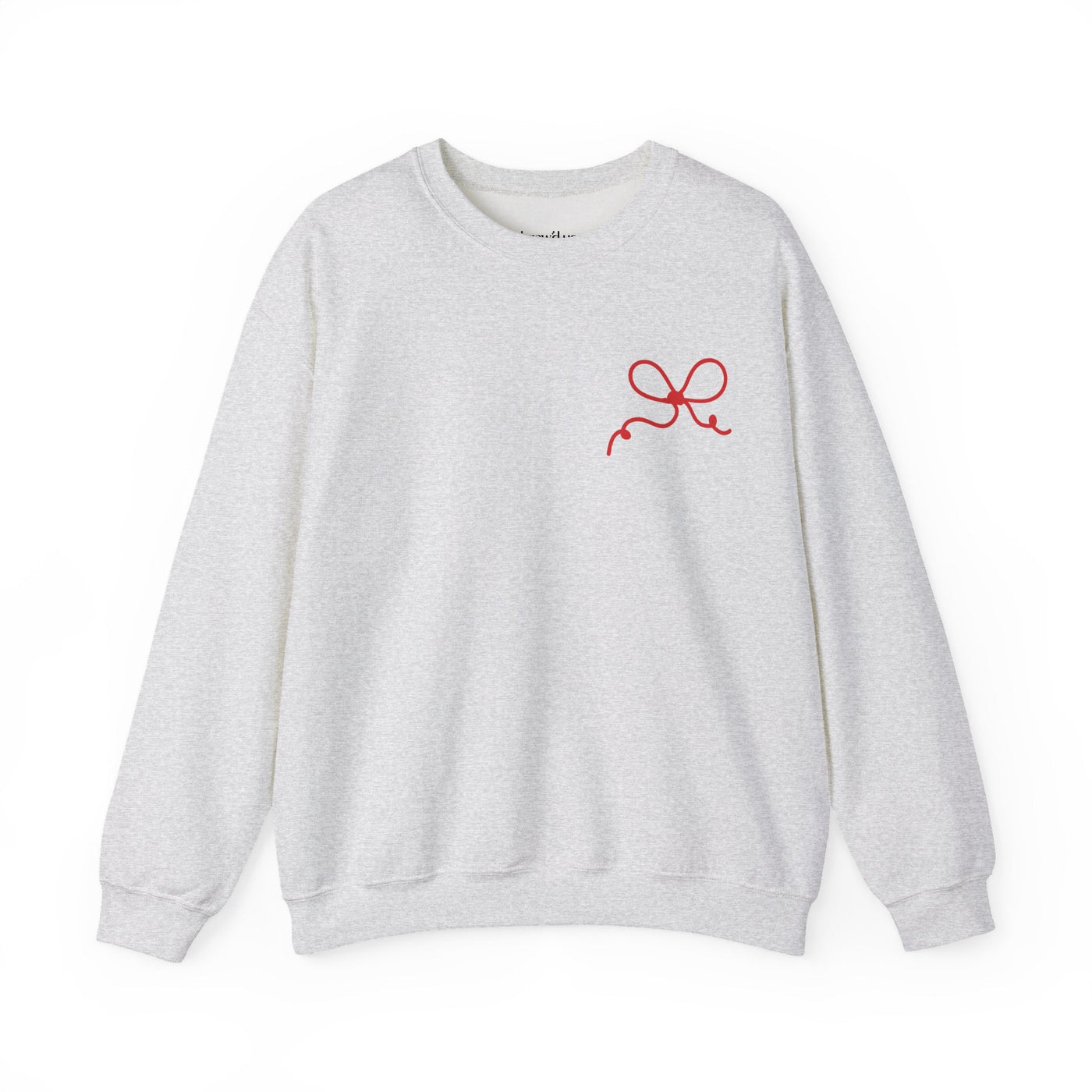 Coquette Bow Crewneck Sweatshirt with red bow design on light gray fabric, festive and comfortable cotton-poly blend.