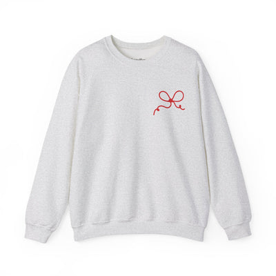 Coquette Bow Crewneck Sweatshirt with red bow design on light gray fabric, festive and comfortable cotton-poly blend.